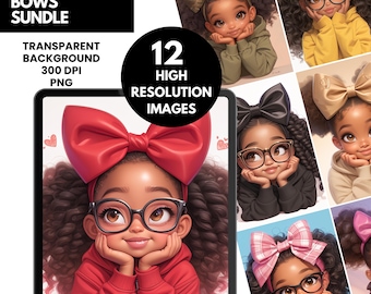 Paquete de imágenes prediseñadas de Little Miss Bows / 12 PNG de niña negra con grandes lazos / Linda niña morena PNG / Descarga digital / Arte de niña afro