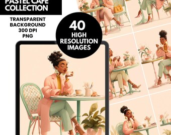 Colección Pastel Café / Clipart PNG / Clipart de mujer negra / Estética pastel / Arte digital de vida suave / Fondo transparente de 300 DPI