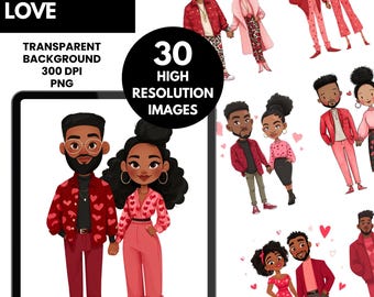 Paquete de imágenes de amor de enamorados/ Imágenes prediseñadas de San Valentín de parejas negras con estilo PNG, arte romántico de amor afroamericano/Descarga digital