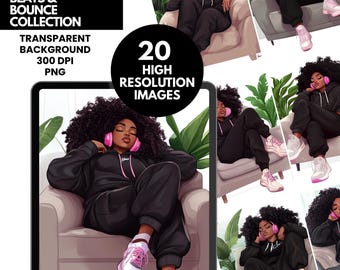 Colección Beats & Bounce / 20 imágenes PNG / Clipart de mujer negra / Clipart de cabello rizado / Ropa de calle acogedora / Fondo transparente de 300 DPI
