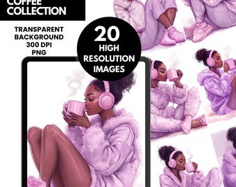 Colección de imágenes prediseñadas de café lavanda / 20 PNG / Arte acogedor de mujer negra / Imágenes prediseñadas afrocéntricas / Fondo transparente / 300 DPI