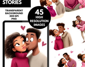 Historias de amor tiernas: paquete de imágenes prediseñadas de parejas negras / Ilustraciones románticas para San Valentín / Descarga digital PNG