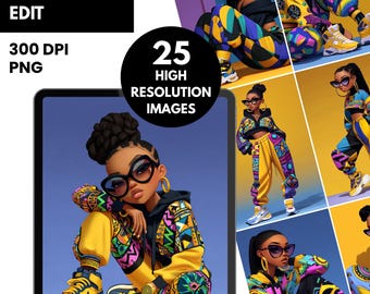 Edición de Chica Voladora / 25 imágenes PNG de alta resolución / Colección de moda urbana de chica negra audaz / Descarga digital