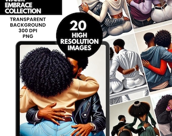 Colección Abrazo Cálido / 20 imágenes PNG / Imágenes prediseñadas de pareja negra / Arte digital romántico / Amor / Fondo transparente de 300 DPI