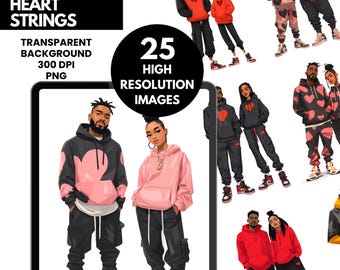 Paquete de imágenes de amor de enamorados/ Imágenes prediseñadas de San Valentín de parejas negras con estilo PNG, arte romántico de amor afroamericano/Descarga digital