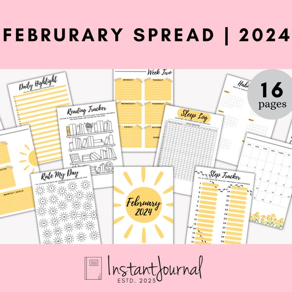 2024 February Monthly Spread | Bullet Journal Spread | Updated | Printable | pdf |  Monthly tracker | Organisation |