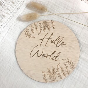 May include: A circular light-coloured wooden plaque featuring the engraved text Hello World in a cursive script. The design includes delicate line-art illustrations of leafy branches positioned in the top-left and bottom-right corners of the disc.