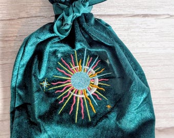 Embroidered small velvet gift bag drawstring pouch. Size is 6 by 9, can be used for jewelry, tarot/Oracle cards, crystal holder.