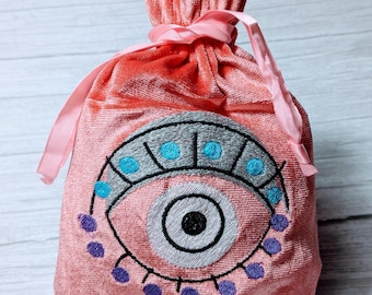 Geborduurd fluwelen zakje voor tarotkaarten, roze zakje (6 x 9)