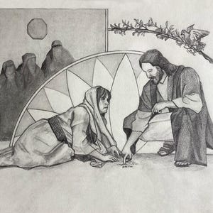 May include: Pencil drawing depicting a biblical scene. A woman kneels before a man, who points at something on the ground. A large geometric shape is behind them, with figures in the background. A dove sits on a branch.