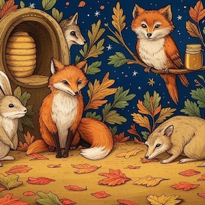 May include: A whimsical illustration of woodland animals in an autumn setting. A fox sits among fallen leaves, with a rabbit, a badger, and a fox cub. A fox perches on a branch near a jar of honey. The background is a dark blue with stars.