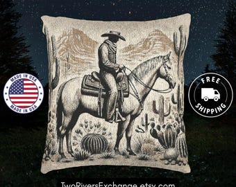 Cowboy & Cactus Woven Throw Pillow, Rustic Western Decor, USA Made