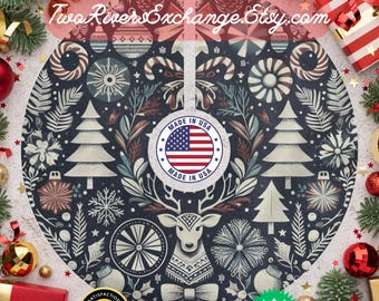 Christmas Wreath Reindeer Holiday Tree Skirt, Yule Hosting Decor, USA Made