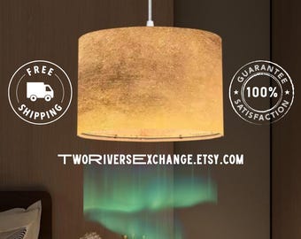 Harvest Gold Linen Drum Lampshade: Ombre Pendant Light, Plug-In Lighting
