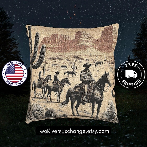 Western Horsemen Woven Throw Pillow, Rustic Cowboy Decor, USA Made