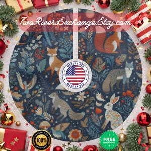 Woodland Critters Midnight Toile Christmas Tree Skirt, Holiday Hosting Decor, USA Made
