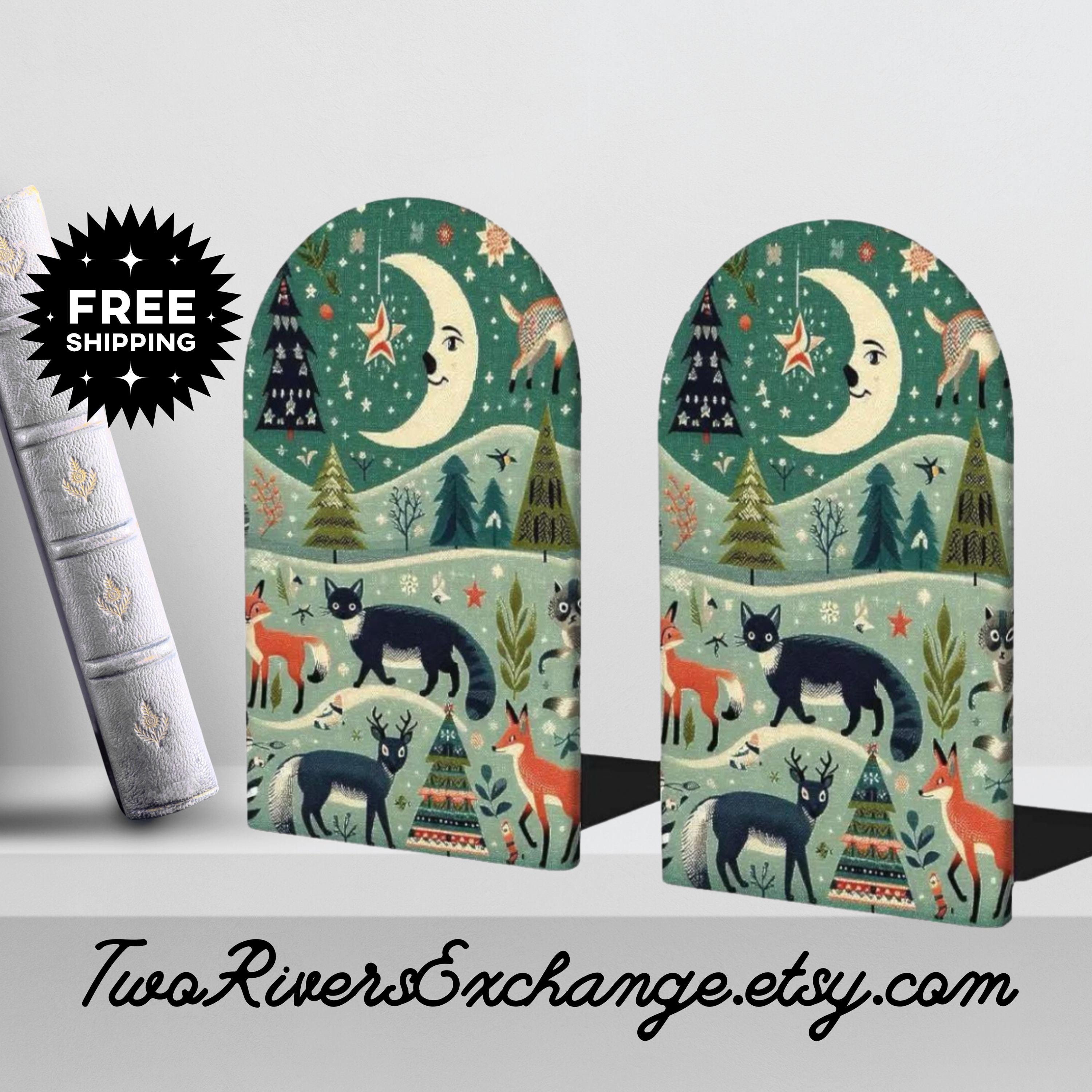 Book Nook Bookends in Vintage Woodland Critters Man on the Moon, Wood & Iron, Reader Gift, Ideal Housewarming Gift, Shelf Storage, Book Ends