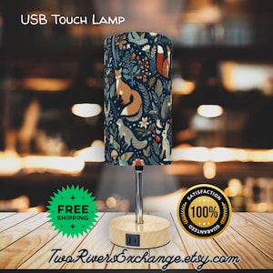 Blue Table Lamp, Woodland Critters Midnight Toile Lamp with Touch Control + Mobile Device Charging, Bedroom Decor, Cubicle Decor, Dorm Decor