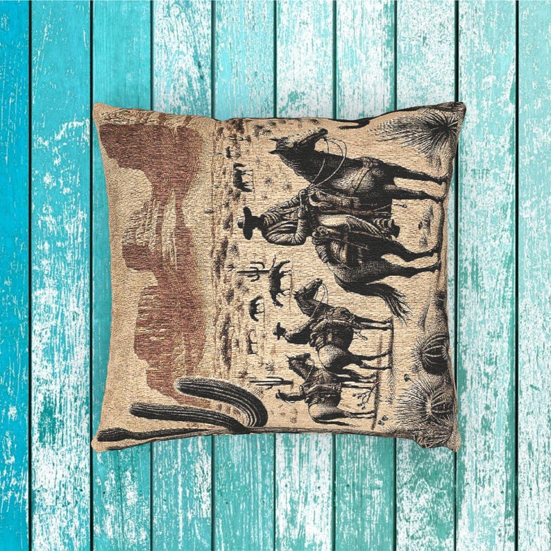 Western Horsemen Woven Throw Pillow, Rustic Cowboy Decor, USA Made image 8