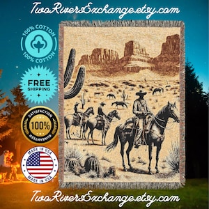 Cowboy Blanket, Western Horsemen on the Mesa Rustic Woven Blanket | Rustic Home Decor, Rustic Style Throw, Campfire Blanket, Cowboy Tapestry
