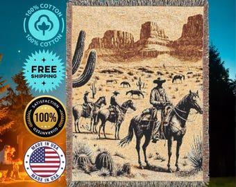 Manta tejida de vaquero con jinetes del oeste, 100 % algodón, fabricada en EE. UU.