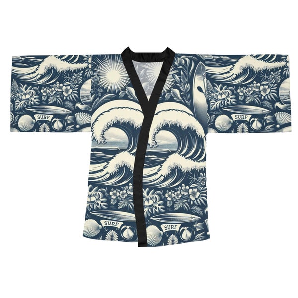 Surf Safari Toile Long Sleeve Kimono Robe, Boho Kimono with surf pattern, Cover-up, beachwear, boho, shawl, wrap, summer, bohemian, bridal