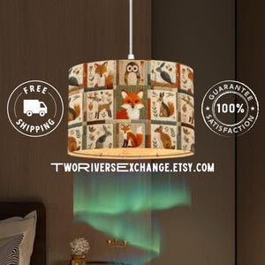 Woodland Critters Fox & Owl Plug-In Pendant Light with Linen Drum Lampshade, Hanging Lamp