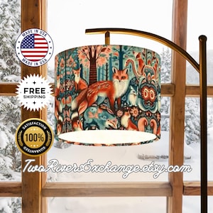Floor Lamp with Woodland Critters Garden Linen Lampshade, Black Stand, USA Made