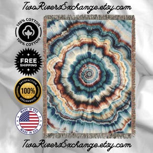 Tie Dye Mandala Cotton Woven Blanket: Teal Cream Green, Made in USA