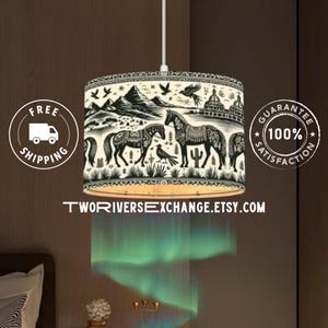 Persian Horses Plug-In Pendant Light with Linen Drum Lampshade, Hanging Lamp