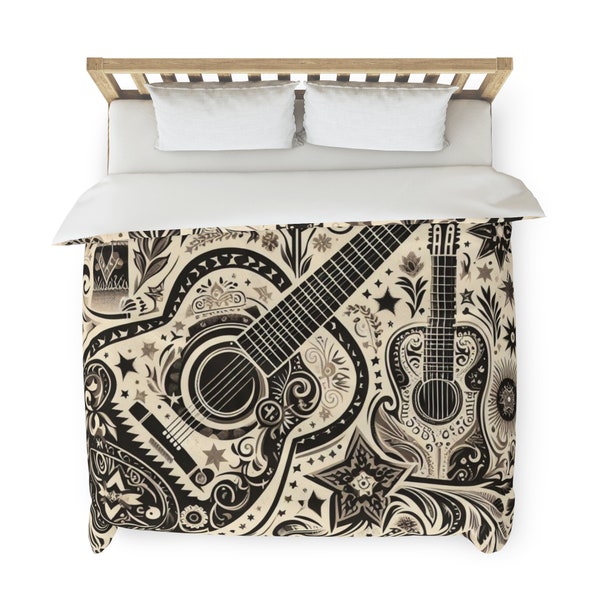 Housse de couette guitare espagnole, Twin, Queen, King, Studio, Super Soft, Luxury, VRBO, Airbnb, location thématique, Fender, boho, toile, Guitare Flamenco