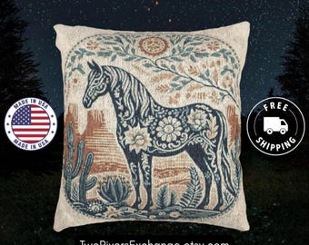 Wild Horses Woven Throw Pillow, Rustic Cowboy & Western Decor, USA Made