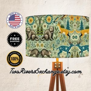 Wood Floor Lamp with Woodland Critters Bear & Doe Linen Drum Lampshade, Cottage Core Decor, USA Made