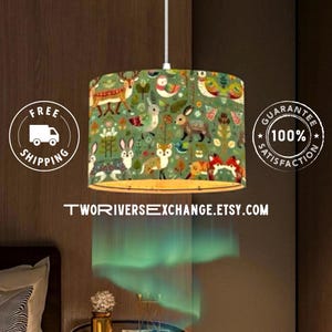 Green Menagerie Plug-In Pendant Light with Linen Lampshade, Woodland Critters Hanging Lamp