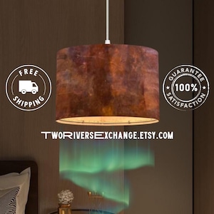 Rustic Distressed Brown Plug-In Pendant Light with Linen Lampshade, Hanging Lamp