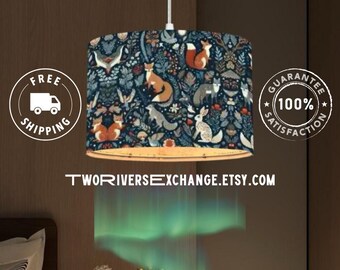 Midnight Toile Plug-In Pendant Light with Linen Lampshade, Woodland Critters Hanging Lamp