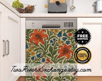 May include: A dishwasher cover featuring a floral design with orange lilies, blue and yellow flowers, and green leaves on a cream background. The text "Two Rivers Exchange.etsy.com" is visible.
