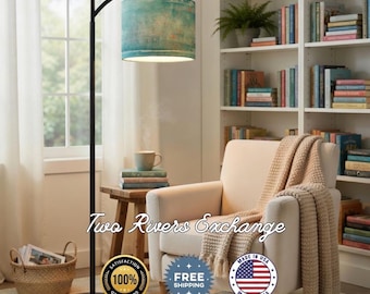 Book Nook Floor Lamp, Patina Blue Linen Lampshade, Bookish Decor, USA Made