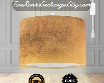 Pendant Light Fixtures in Harvest Gold Ombre Linen Drum Lampshades, Plug-In Hanging Lamp
