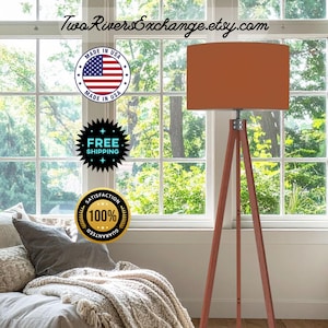 Wood Floor Lamp with Cabin Cedar Linen Drum Lampshade on Wooden Tripod Base, Remote Control Dimming & Color Control, USA Made