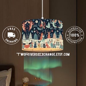Peace on Earth Plug-In Pendant Light with Linen Lampshade, Woodland Critters Hanging Lamp