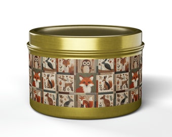 Woodland Critters Tin Candles in geuren: Evergreen, Fresh Coffee, Mango Coconut, Spa Retreat of Vanilla Bean, geurkaars