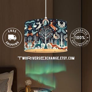Tree of Life Plug-In Pendant Light with Linen Lampshade, Woodland Critters Hanging Lamp
