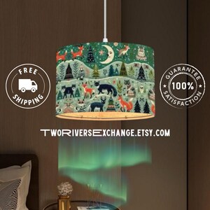 Man in the Moon Plug-In Pendant Light with Linen Lampshade, Woodland Critters Hanging Lamp