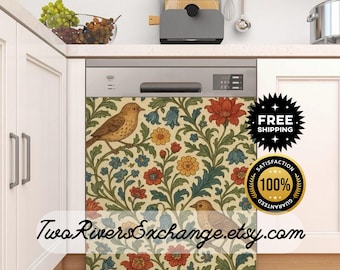 May include: A dishwasher cover featuring a vintage floral and bird design in shades of beige, red, blue, and yellow. The cover has a decorative pattern with two birds perched on branches. The text "Two Rivers Exchange.etsy.com" is visible.