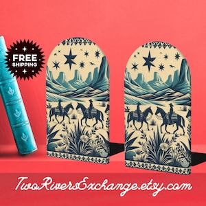Book Nook Bookends in Western Desert Stars, Reader Gift, Ideal Housewarming Gift, Wood & Iron, Shelf Storage, Book Ends, Cowboy Decor, Teal