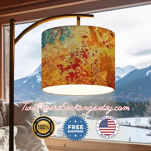 Ocean Rust Floor Lamp with Brown Green Patina Linen Lampshade, Black Stand, USA Made