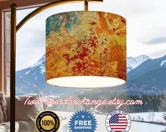 Ocean Rust Floor Lamp with Brown Green Patina Linen Lampshade, Black Stand, USA Made