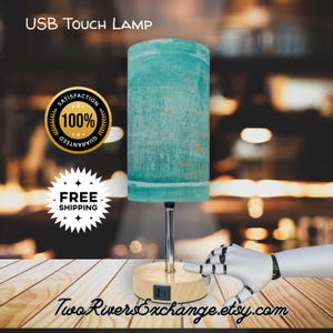 Blue Table Lamp, Blue Patina Lamp with Touch Control and USB Charging Ports, Bedroom Decor, Cubicle Decor, Dorm Decor, Office Decor