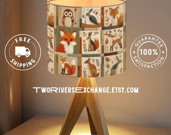 Woodland Critters Patchwork Tripod Table Lamp, Bedside Lamp, Desk Lamp, Forest Creature Décor, Perfect Nursery Light, Unique Gift